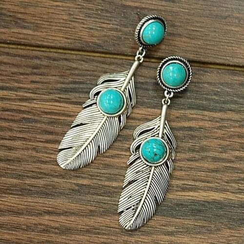 Bohemian Metal Feather Turquoises Stone Earrings for Women Vintage Antique Silver Color Coconut Palm Leaf Drop Earrings