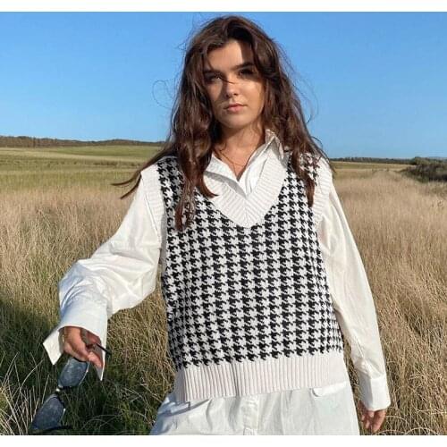 Women V-Neck Houndstooth Knitted Sweater Vest 2021 Spring Autumn Sweaters Vests Short Female Casual Sleeveless Knit Pullovers