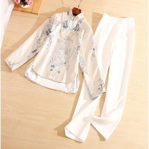 High-end Autumn Women 2 Pieces Set Fashion Floral Slim Jacquard Coat Tops +White Pants 2 Pieces Lady Set Female S-XL