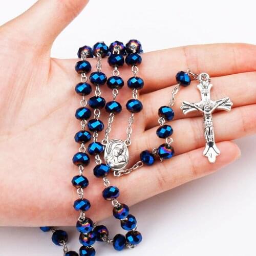 1Pc Catholic Cross Rosary Beads Pendants Religious Round Crystal Bead Necklace Women Men Fashion Necklace Jewelry Party Gift
