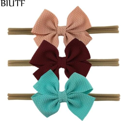 30pcs/lot 2020 Newest Skinny Elastic Tan Color Nylon Headband with 4'' Small Size Seersucker Waffle Hair Bow Hair Band HB121