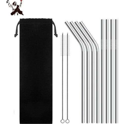 Food Grade Stainless Steel Straw Reusable Carry With You Metal Drinking Long Straws Set :8pcs Straws + 2pcs Brushs + 1pcs Bag