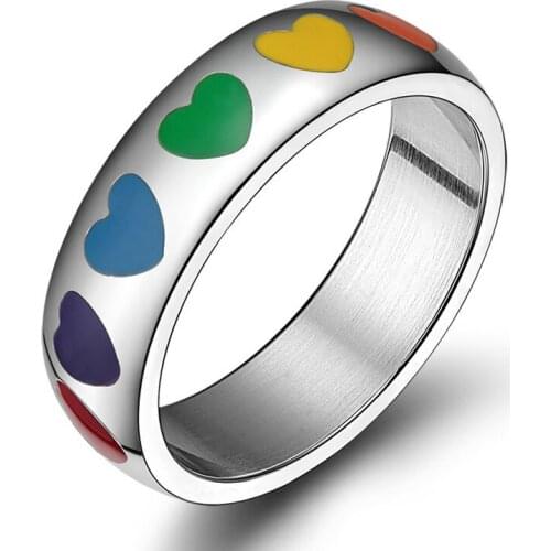 Fashion Simple Silver Color Heart Ring Rainbow Ring Titanium Steel Love Ring Jewelry