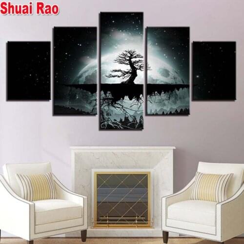 Multi-Panel,Abstract Black Art 5 Piece Diamond Painting Full Square/Round Moonlight Trees Diamond Embroidery Home Decor