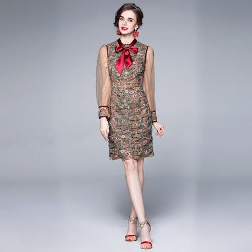 Seiwnibu2021 Pencil Bodycon Lace Dress Women Sexy Special Occasion Dresses Bow Slim Lady Evening Party Mesh Embroidery Vestidos