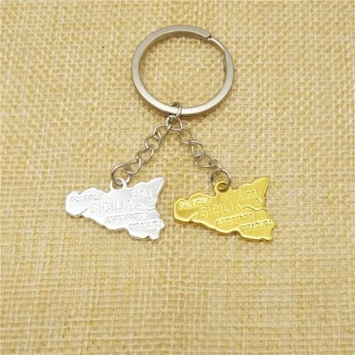 Dropship trendy Sicilia map key chain women bag car Key ring map pendant Geometric jewelery Christmas gift gold silver color