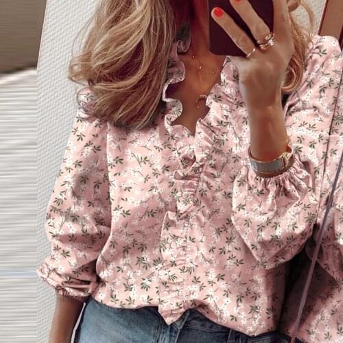 2021 Fashion New Women Shirt Elegant Ruffle V-Neck Solid Female Blouse Casual Loose Printed Long Sleeve Lady Blouse