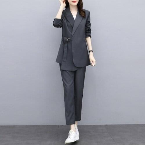 Spring Autumn Womens Lace Up Blazers Jacket Notched Outerwear Office Lady Coat England Straight Pants Suits 2 Pieces Sets