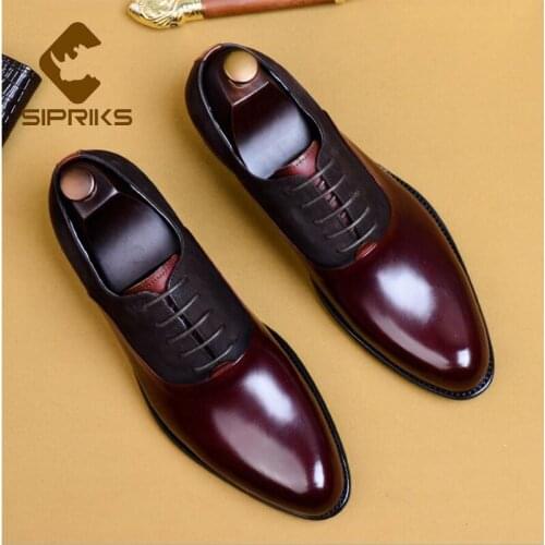 Sipriks Handmade Genuine Leather Dress Oxfords Shoes Mens Red Brown Black Formal Tuxedo Shoes Boss Casual Male Wedding Shoes