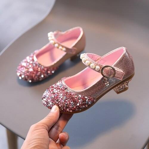2-14 Kids Beaded High Heel Dance Shoes Children Spring Dresses Leather Shoes Female 2021 For Little Girls Party Fashion Sequins