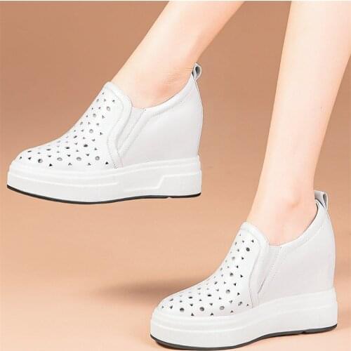 Breathable Oxfords Women Genuine Leather Wedges High Heel Vulcanized Shoes Female Round Toe Platform Pumps Shoes Summer Trainers