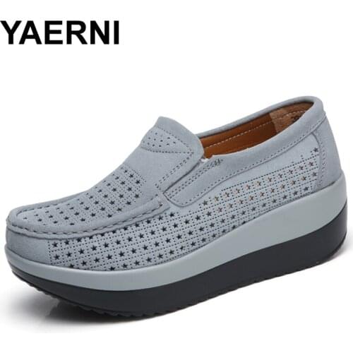 YAERNI 2017 spring women flat platform loafers shoes ladies suede leather hollow casual shoes slip on flats Moccasins creepers 8