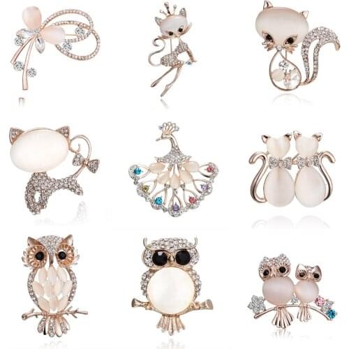 Trendy Gold Filled Multicolor Opal Stone Cute Animal Pin Brooch Shiny Crystal Peacock Owl Fox Cat Brooches Women Fashion Jewelry