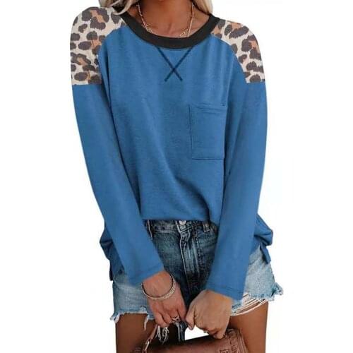 Leopard Print Stitching Women T-shirt Oversize Long Sleeve Autumn O Neck Pocket Ladies Tshirt Pullover Top Streetwear