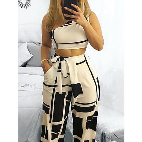 Women Two Pieces Sets Self Belted Crop Top&Pants Colorblock One Shoulder Cropped High Waist Wide Pants Set