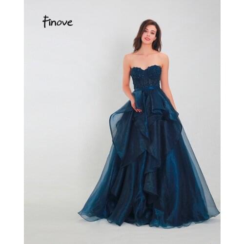 Finove Prom Dress 2020 Long Elegant A Line Embroidery Strapless Pleat Floor Length Formal Party Woman Dress Vestido de fiesta