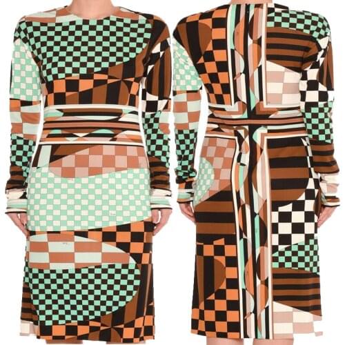 New women Beautiful Fashion round collar long sleeve slik jersey elastic knitted slim print dress