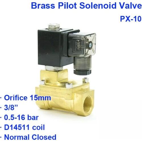 2 Way Normal Close Pneumatic Brass Pilot Solenoid Valve PX-10 BSP Port G3/8" Low Pressure 0.5-10bar Orifice 15mm D14511 Coil