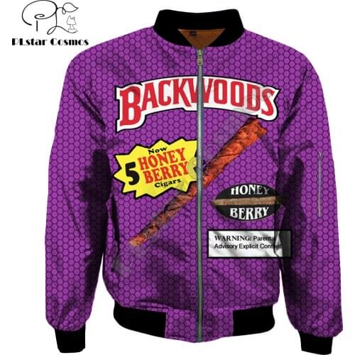 2019 Fashion Mens bomber jackets Foods Backwoods Honey Berry Printed 3d Zipper Hooded Long Sleeve Pullover Unisex Streetwear