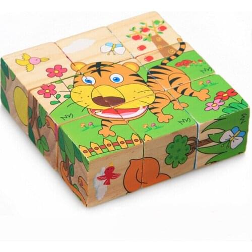 Kid Wooden Cute Animal Puzzle Toy 6 Sides Wisdom Jigsaw Early Education Learning Toys For Children Game 9pcs Single 3D Puzzle