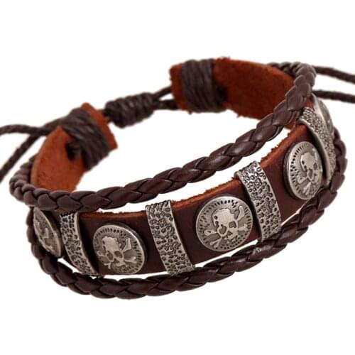 Handmade Boho Gypsy Hippie Vintage Young Punk Brown Leather Skull Metal Charms Wrap Unisex Adjustable Layered Macrame Bracelet