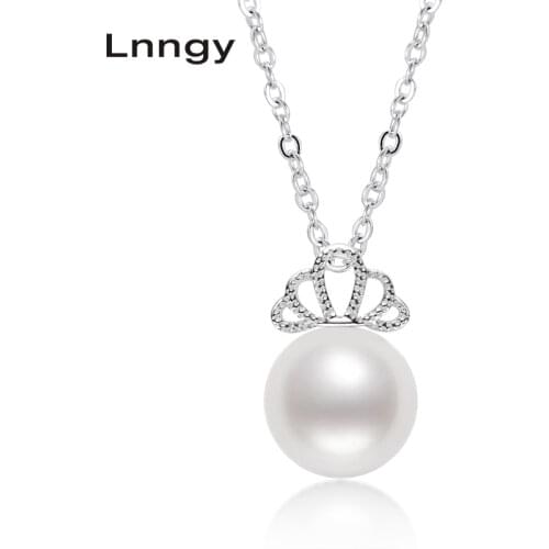 Lnngy Lnngy925 Sterling Silver 8-8.5mm Genuine Freshwater Pearl Crown Pendant Necklace for Women with 18" Silver Chain