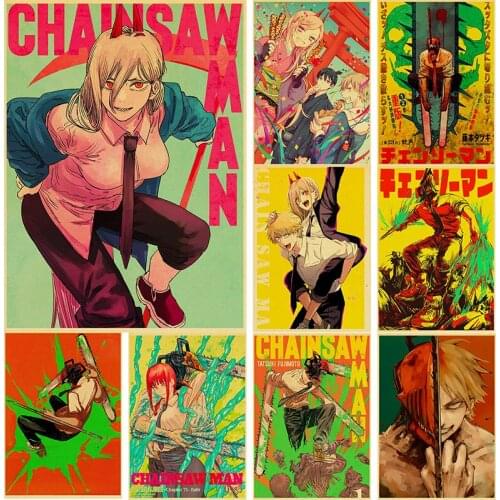 Retro Kraft Paper Fashion Japanese Anime Chainsaw Man Character Atlas Posters for Home Decor Painting Gift Print Wall Sticker