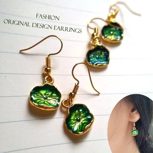 Fashion green blue lotus earrings for women Original design cute hook earring oil drop earring