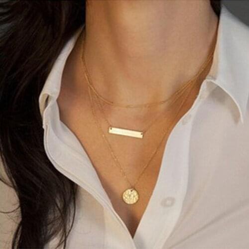 Fashion Geometric Metal Sequins Pendant Multi-layer Gold Silver Color Alloy Chain Necklace for Women Short Necklace Retro