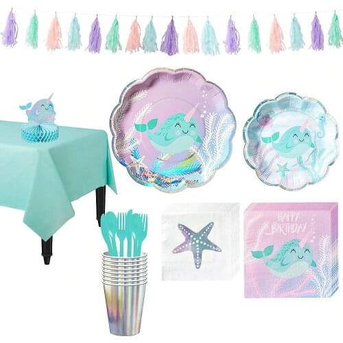 Ocean Theme Mermaid Shell Birthday Party Paper Plate Supplies Props Tableware Set Happy Birthday Decor