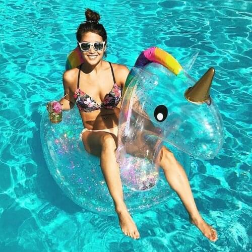 180cm Inflatable Unicorn Pool Float with Glitters Fun Beach Floaties Ride On Unicorn Raft Pool Toys Summer Party Lounge Raft