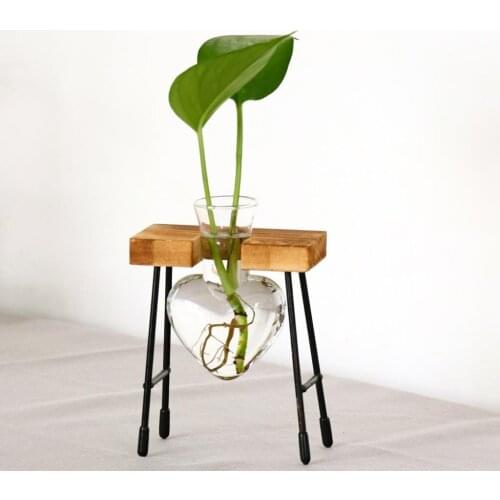 Desktop Heart Shape Glass Hydroponic Vase, Flower Plant Pot with Wooden Tray for Home Decoration