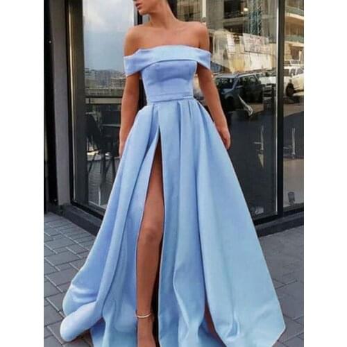 Sky Blue Prom Dresses A-line Off The Shoulder Slit Sexy Dubai Saudi Arabic Robe De Soiree Long Prom Gown Evening Dresses