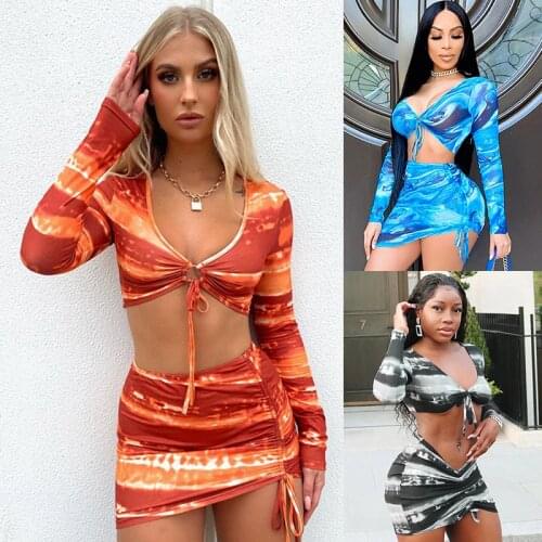 2021 Summer New European and American Womens Long-sleeved Print Low-cut Sexy Short Skirt Suit Women Polyester Spandex Commute