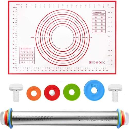 Adjustable Stainless Steel Rolling Pins 4 Removable Thickness Rings Pastry Mat for Dough Pizza Pastry Pie Cookies Bakeware Tool