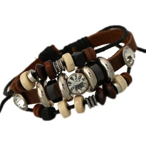 Retro Vintage Beads Charm Bracelet Clear Crystal Multi-layer Leather Rhinestone Bangle Wrap Men Women Wristbands Fashion Jewelry