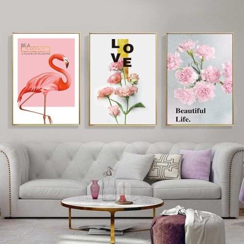 Pink Nordic Flamingo Carnation Romantic Poster Canvas Wall Art Prints Painting Home Decor Pictures for Living Room Bedroom