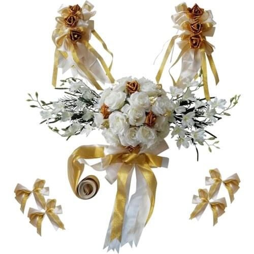 Luxury Wedding Car Decorations Kit DIY Artificial Silk Flower Satin Ribbon & Bow Set