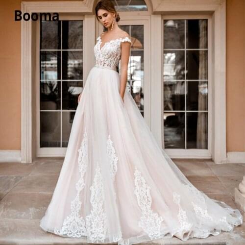 Booma A-line Pink Wedding Dresses Lace 2019 Off Shoulder Sleeveless Beach Bridal Gown Illusion Tulle Wedding Gown Boho Plus Size