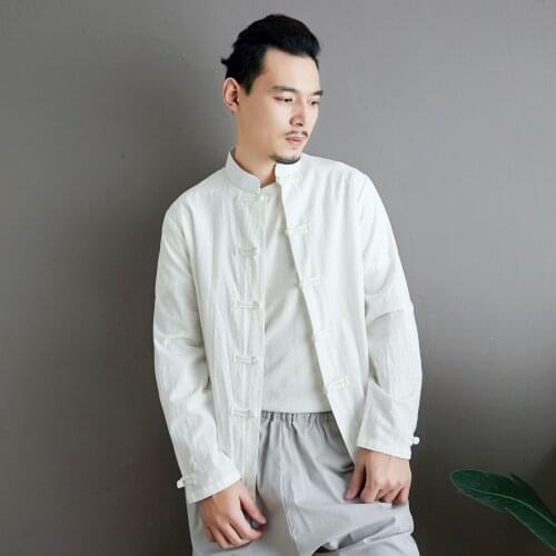 Men Cotton Linen Shirt Retro Chinese Style Shirt Stand Collar Summer Training Button Up Long Sleeve White Blue Kung Fu Uniform