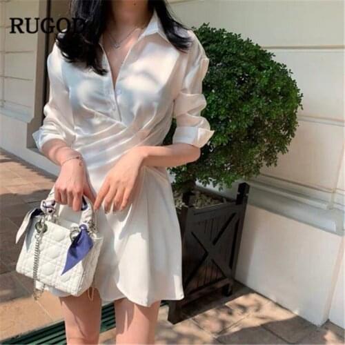 RUGOD Solid Vintage Women Shirt Dress Long Sleeves Elegant Mini High Waist V neck Office Ladies Wearing Femme Vestido Sukienki