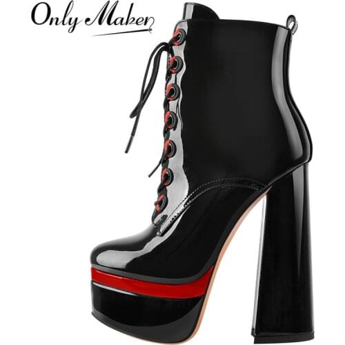 Onlymaker Womens Round Toe Platform Lace Up Squre Chunky High Heel Black Ankle Boots For Winnter Big Size US5~US15