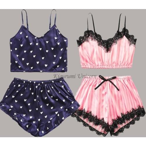 Lace Trim Satin Cami Top Sexy Lingerie Pyjamas Set Women V Neck Sleeveless Strap Pajama Sets Summer Women Bow Cute Sleepwear