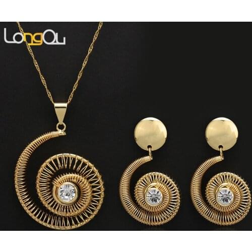 Gold-Color Jewelry Set Stainless Steel Clear Crystal Spiral column Earring Necklace Wedding Jewelry Women Set