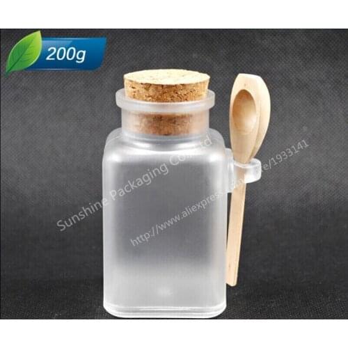 12 X 200G ABS Square Bath Salt Bottle, 200ml Powder Plastic Bottle with Cork Jar with Wood Spoon,Packaging Bottle