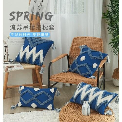 45x45/50x30cm Hand-embroidered blue pillowcase cushion cover decorative cotton tufted tassel hug pillow cover for backrest case