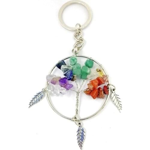 Natural Crystal Stone 7 Chakra Round Tree of Life Pendant Leaves Keychain Key Ring Key Holder for Women Car Bags Accessorie Gift