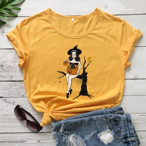 Colored witch sitting on a dead tree gothic cute t-shirt unisex women tumblr graphic Fashion 100% Cotton casual tee top tshirt