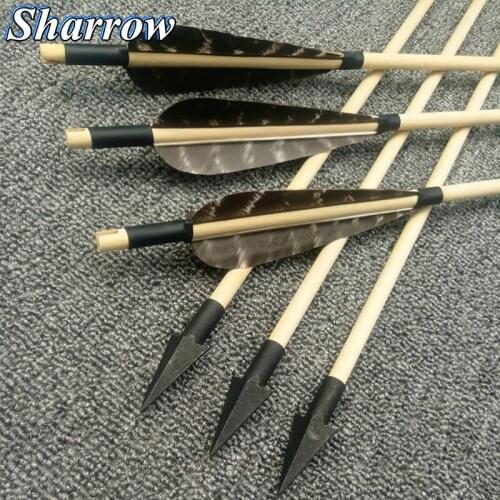 31'' Handmade Wooden Arrows 8mm for Archery Hunting Arrows with Black Turkey Feather Hunting Arrowhead Bow for Shooting