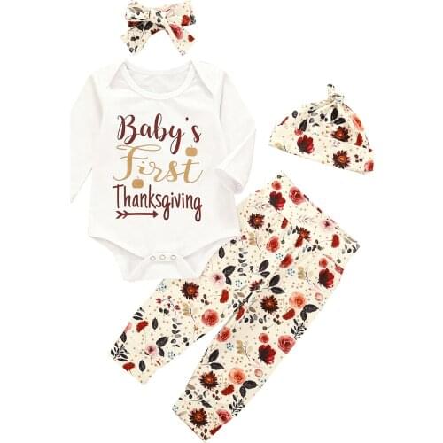 Citgeett Autumn Thanksgiving Day Clothes White Long Sleeves Romper Top + Floral Pants Hat Outfit Festival Set